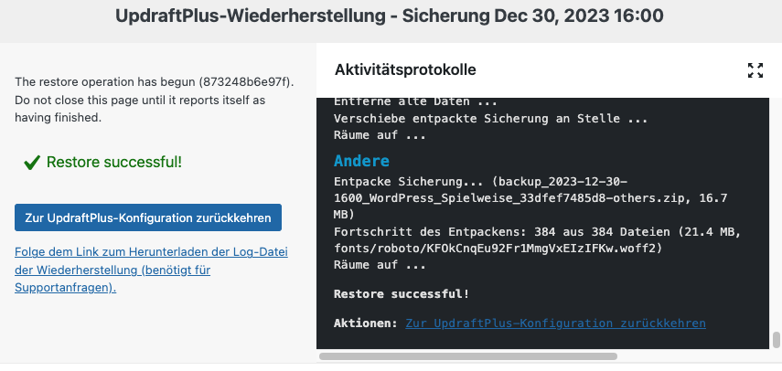 UpdraftPlus Restore erfolgreich