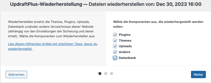 UpdraftPlus Wiederherstellungs-Optionen